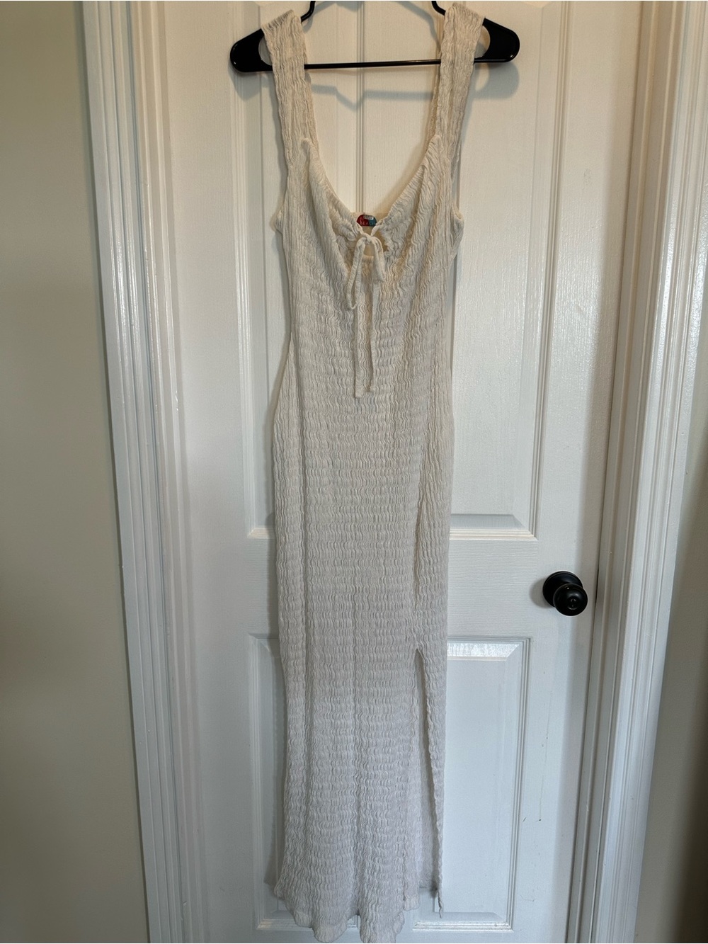 FP Beach Dress-  Women’s Cream Smocked Maxi Dress with Tie Front- Size S.